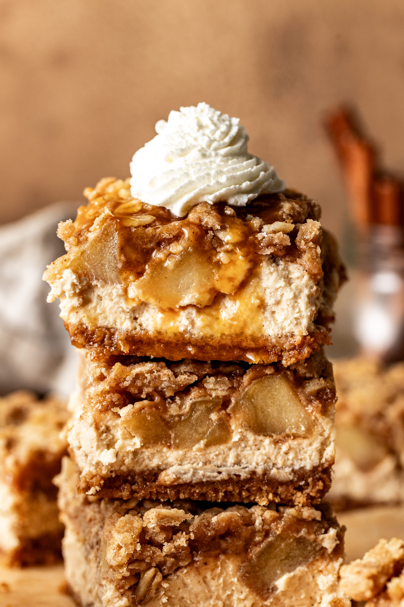 Apple Crisp Cheesecake Bars with Caramel Sauce
