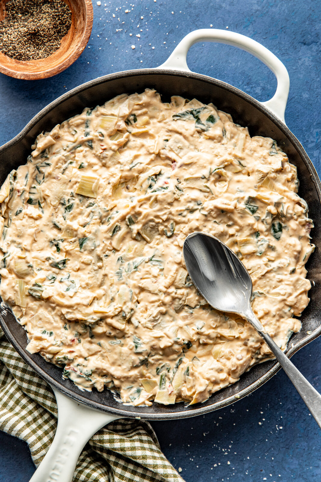 collard green dip in a skillet