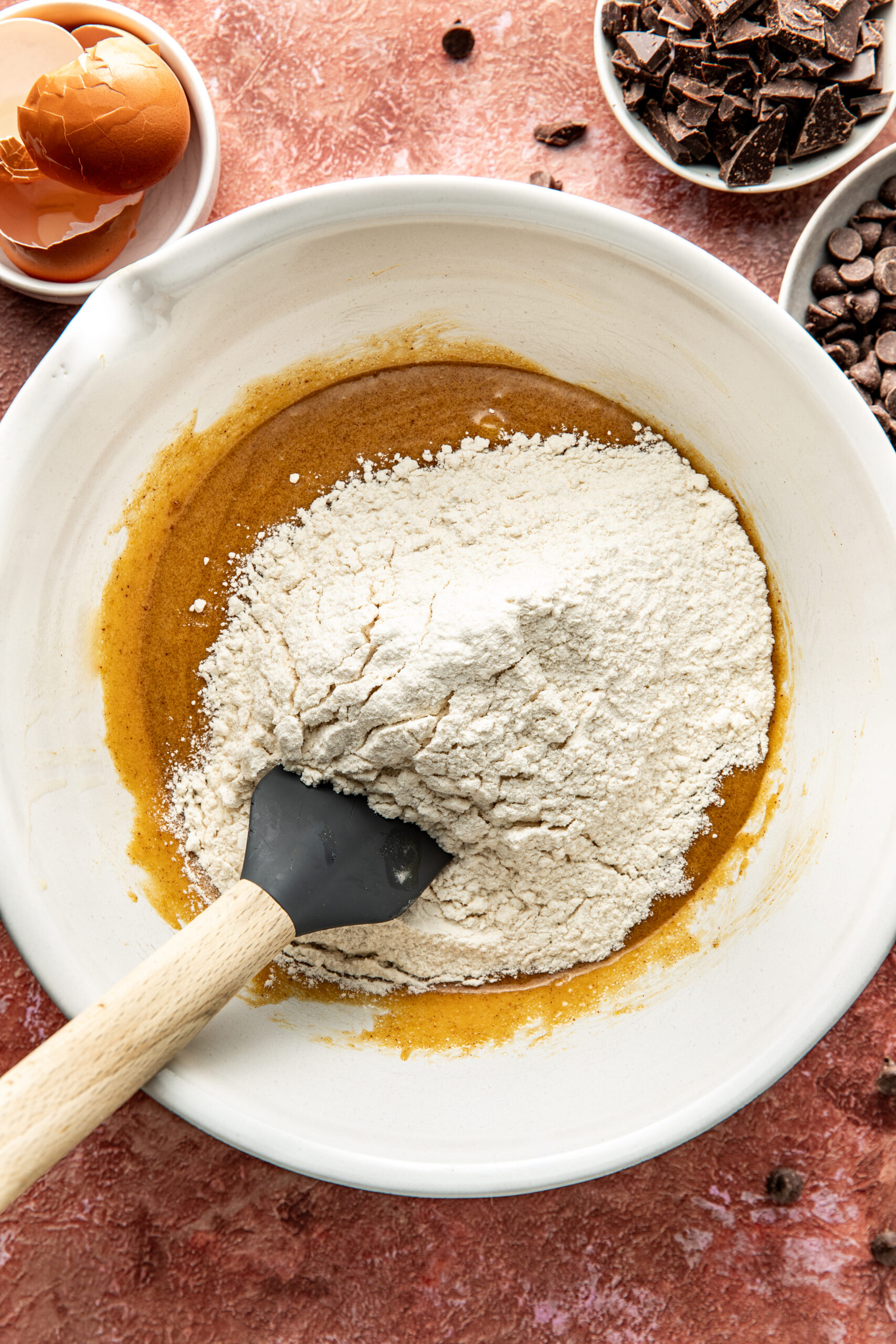 dry ingredients added to wet ingredients 