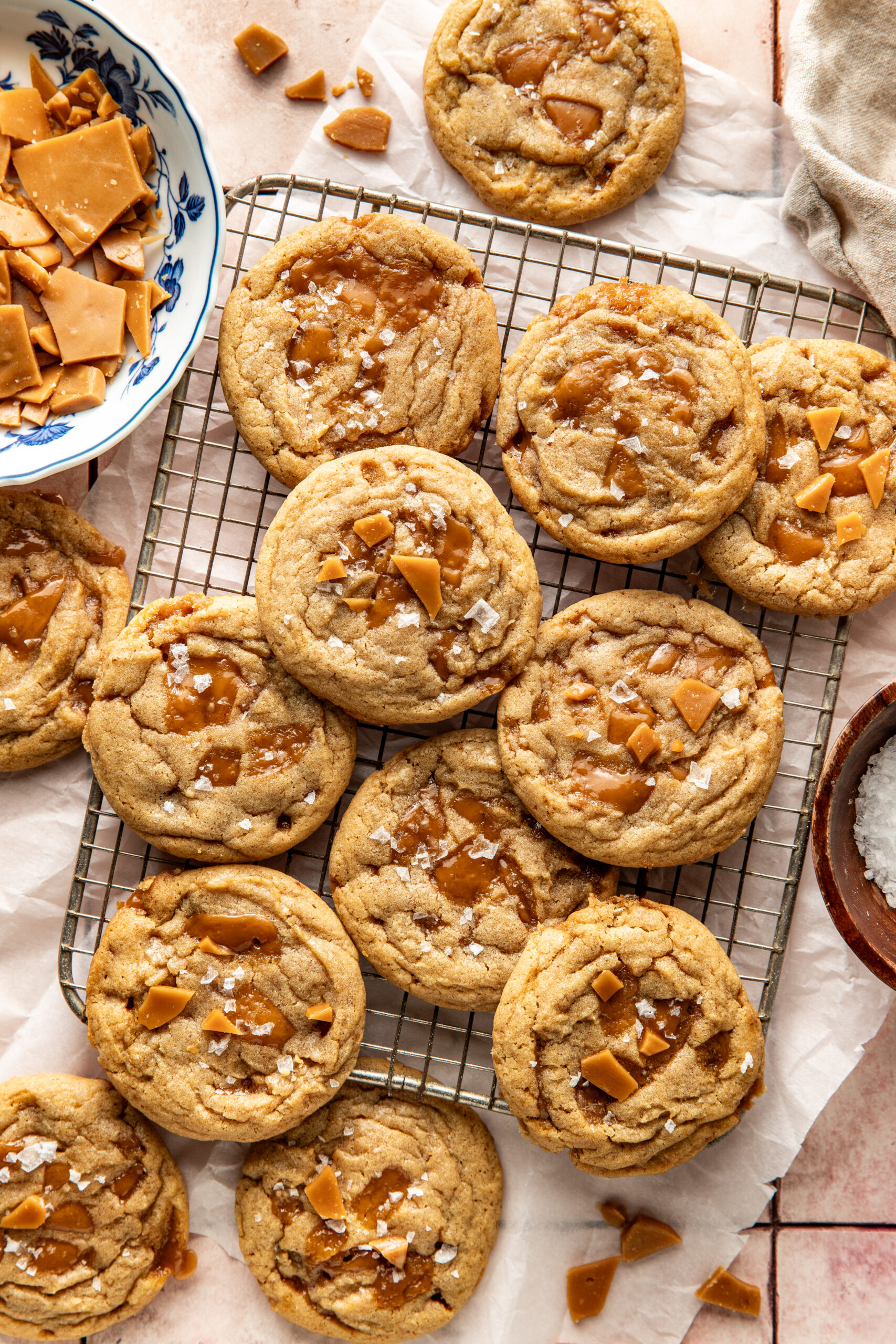 toffee cookies cooling on a wired baking sheet