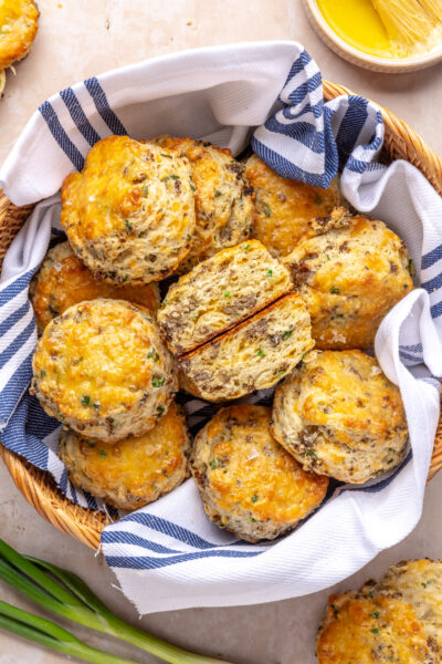 basket of sausage biscuits
