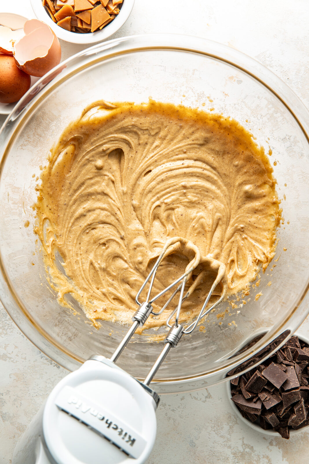 mixed wet ingredients for brown butter chocolate chip toffee cookies 