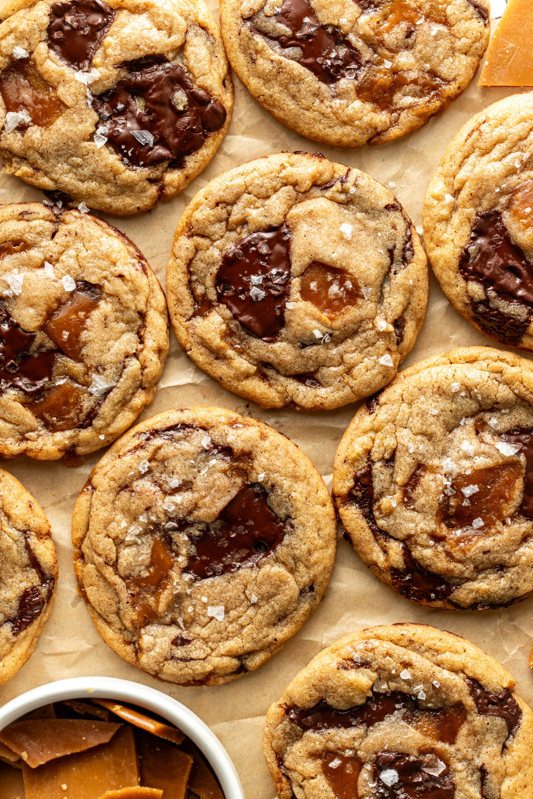 brown butter chocolate chip cookies on parchment paper