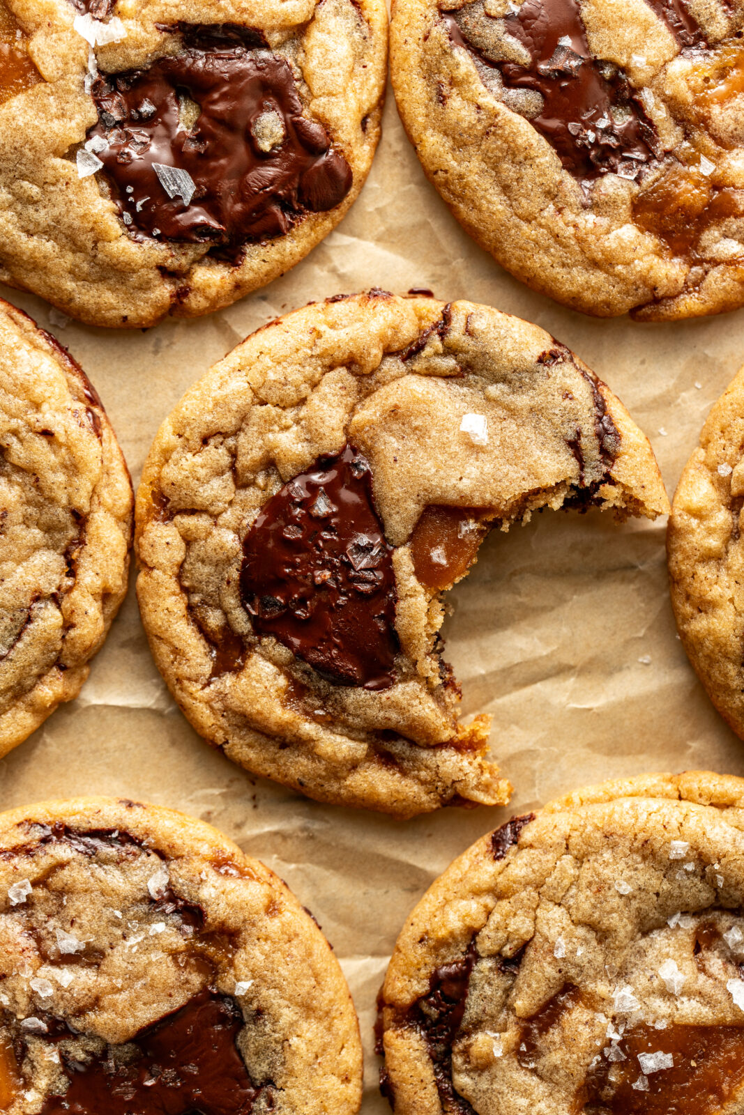 brown butter chocolate chip cookies with bite taken out
