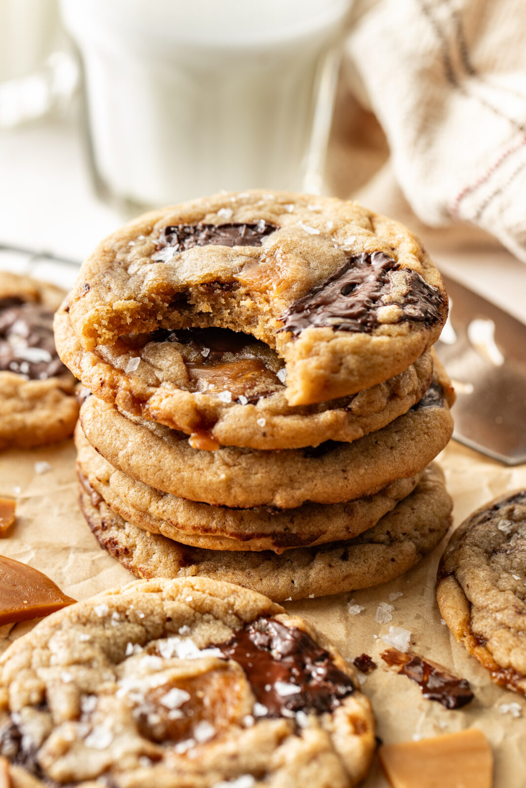 stacked brown butter chocolate chip toffee cookies