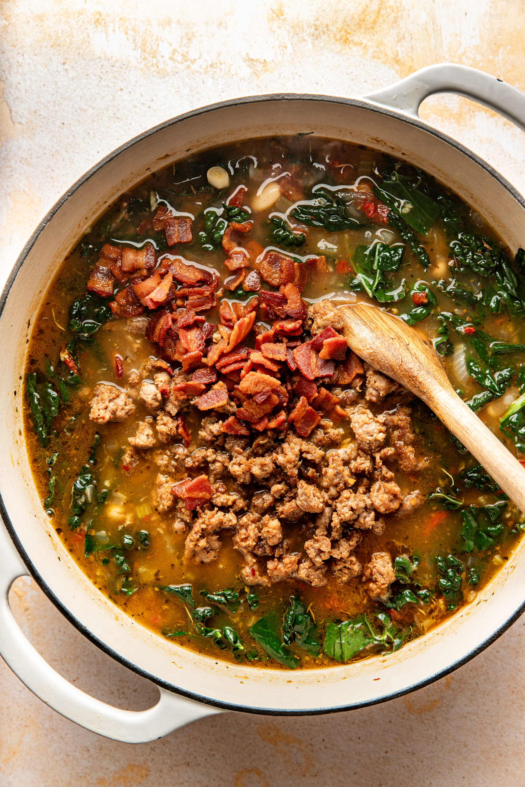 sausage and bacon added to the soup