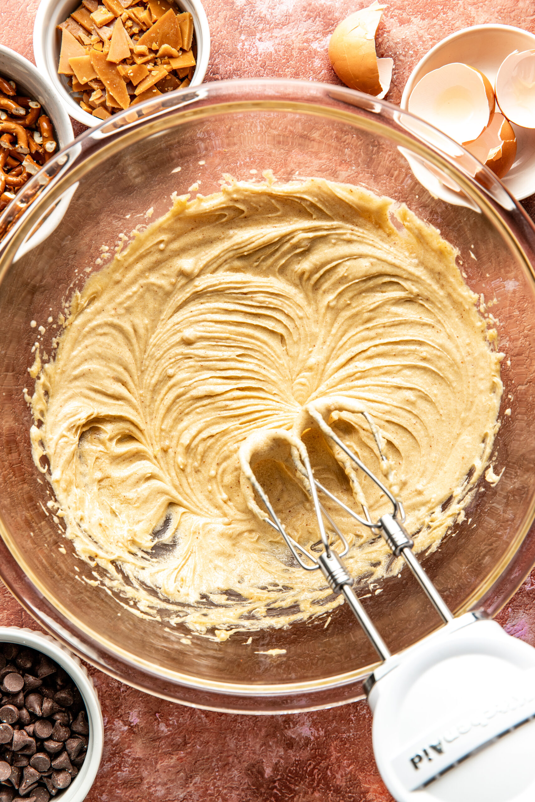 sugars, butter, and egg mixed in a bowl