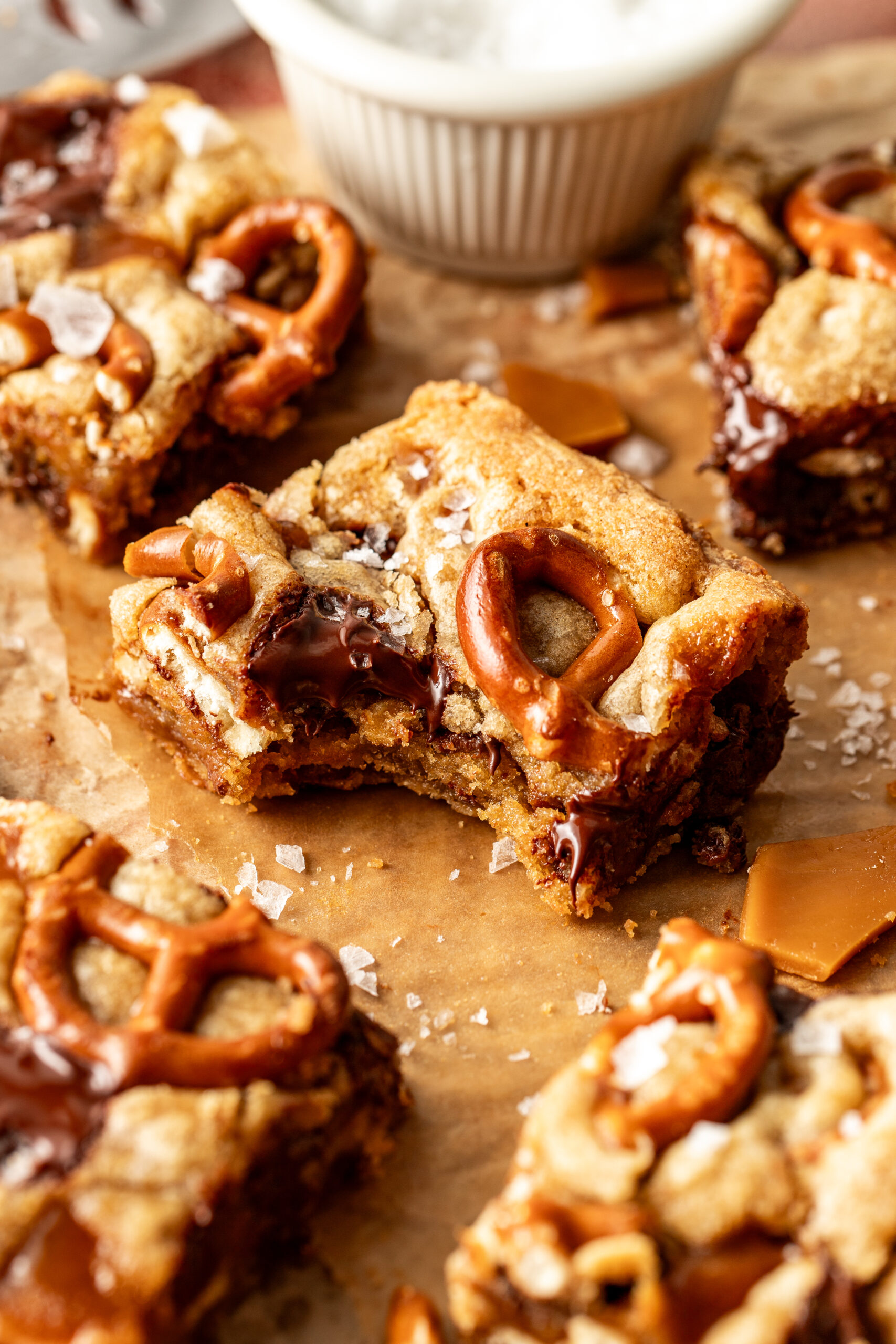piece of chocolate chip blondie on parchment