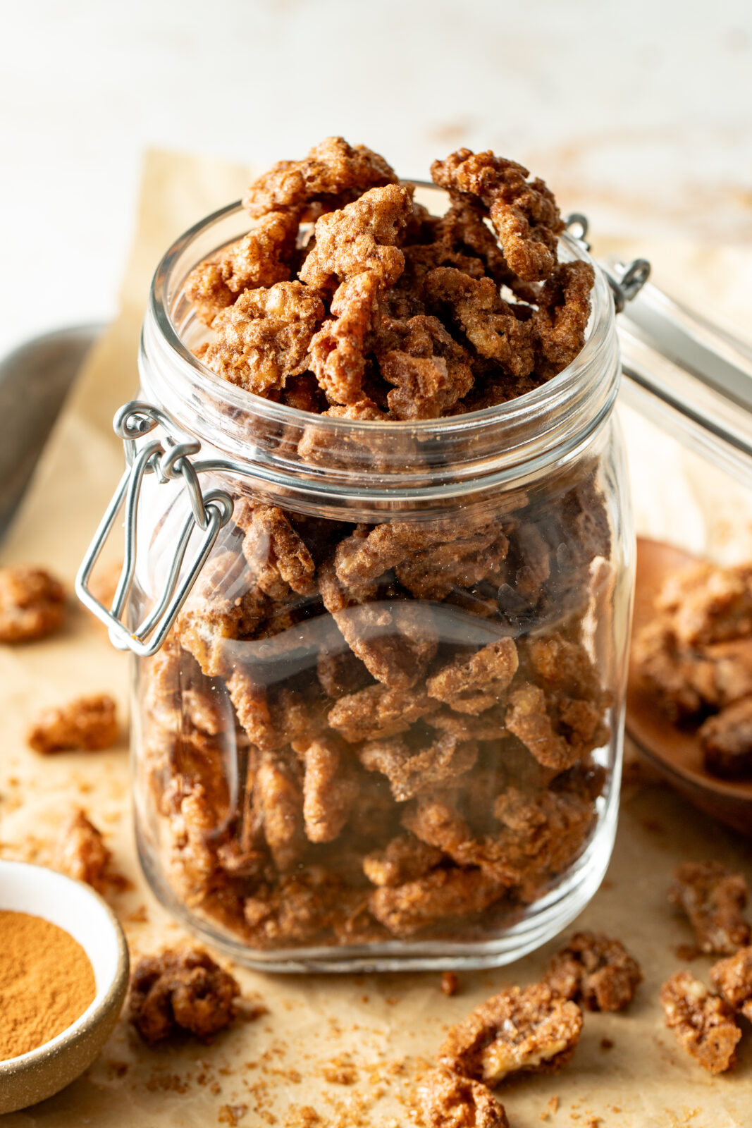 candied walnuts in a mason jar