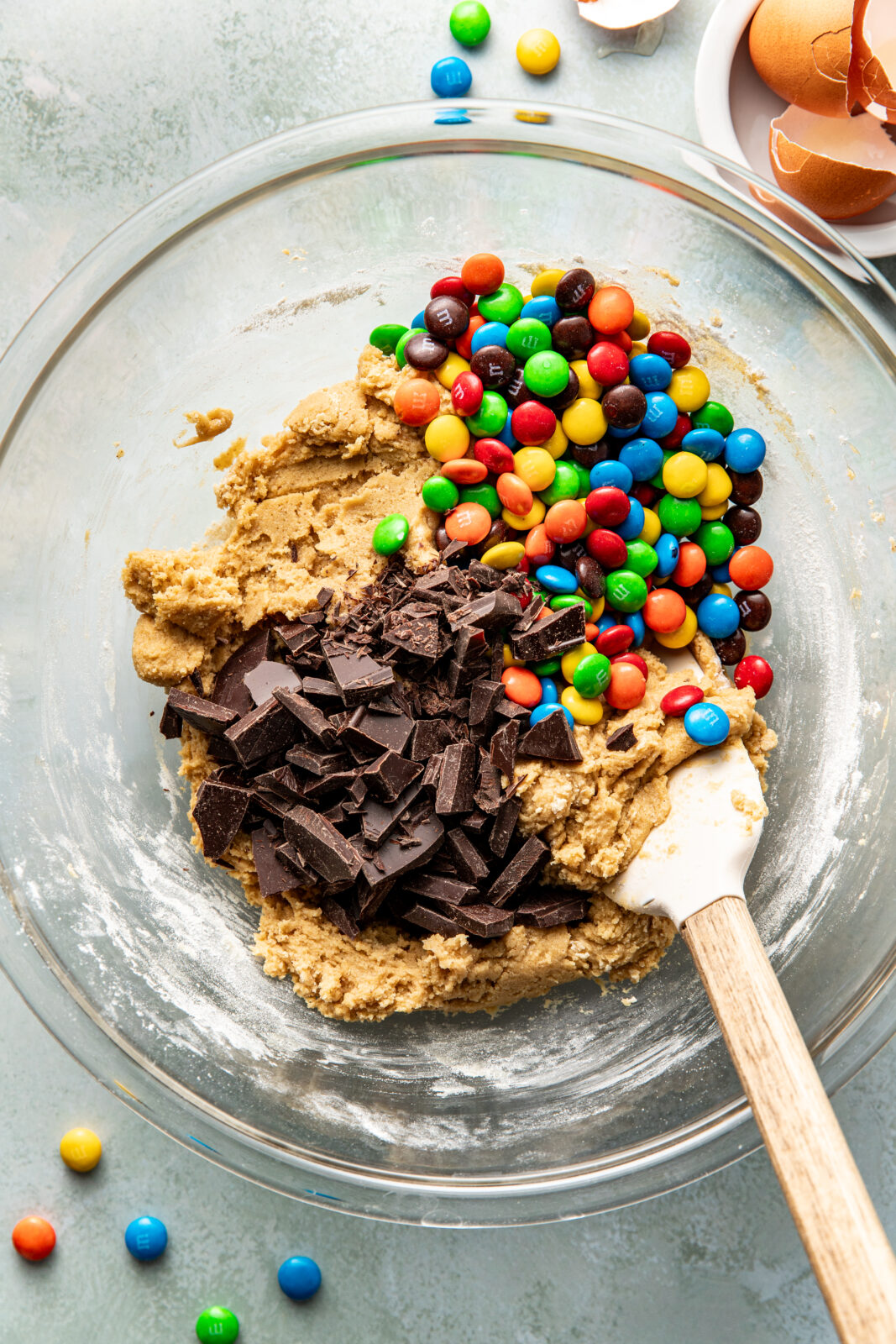 chocolate and m&m added to cookie dough