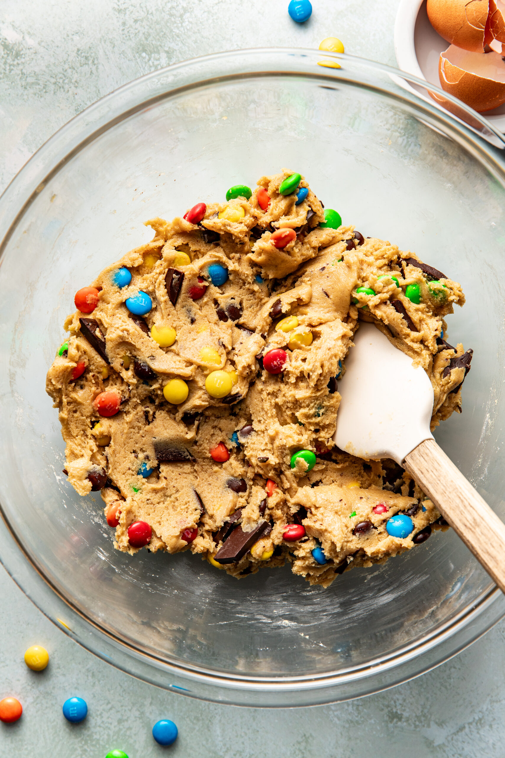 M&M dough In a mixing bowl