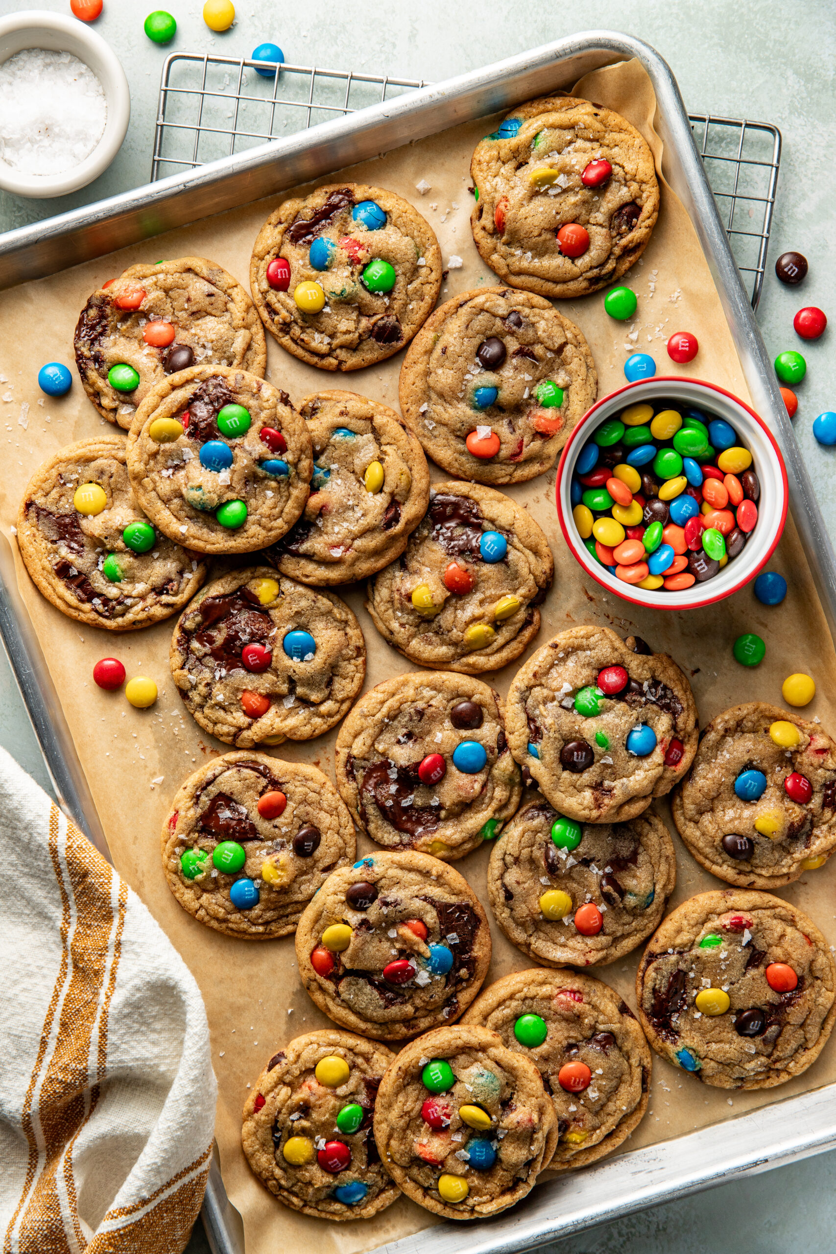 M&M cookies on baking sheet