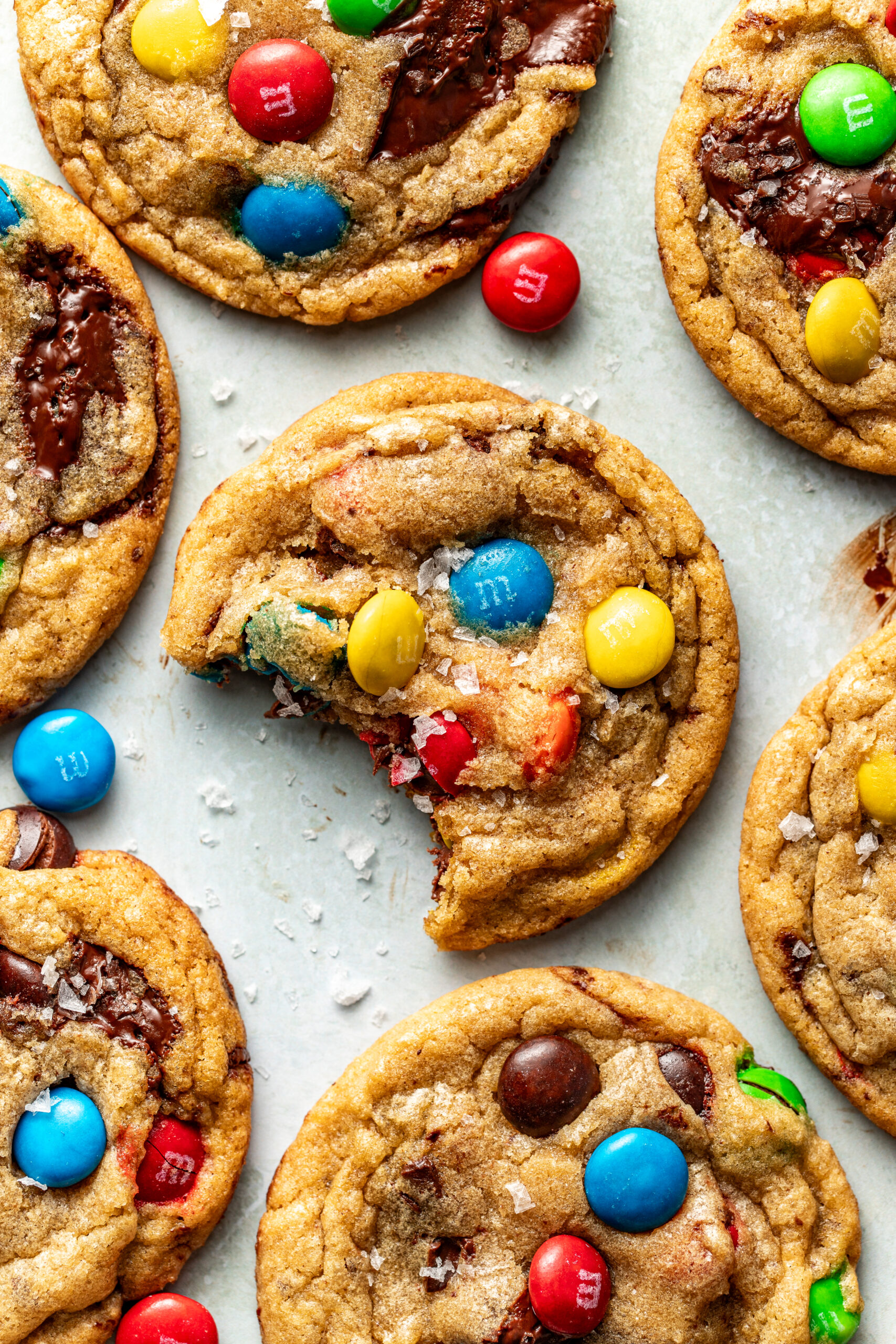 M&M cookies with a bite taken out
