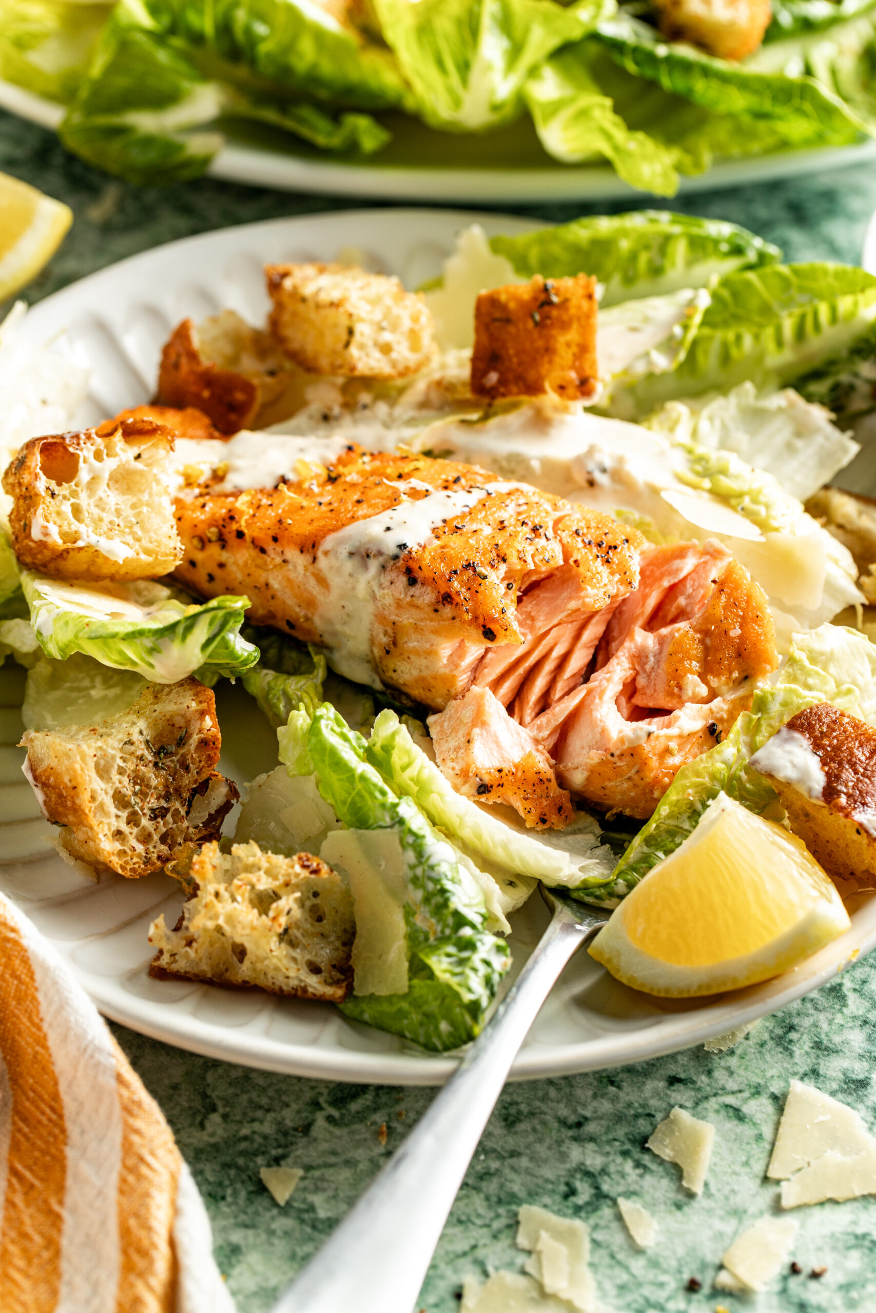 salmon caesar with salmon flaking