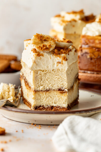 slice of banana pudding cheesecake on plate