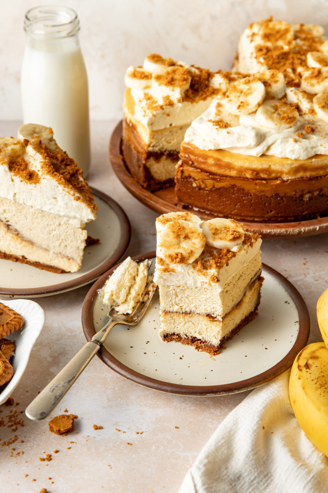 slice of banana pudding cheesecake on plate