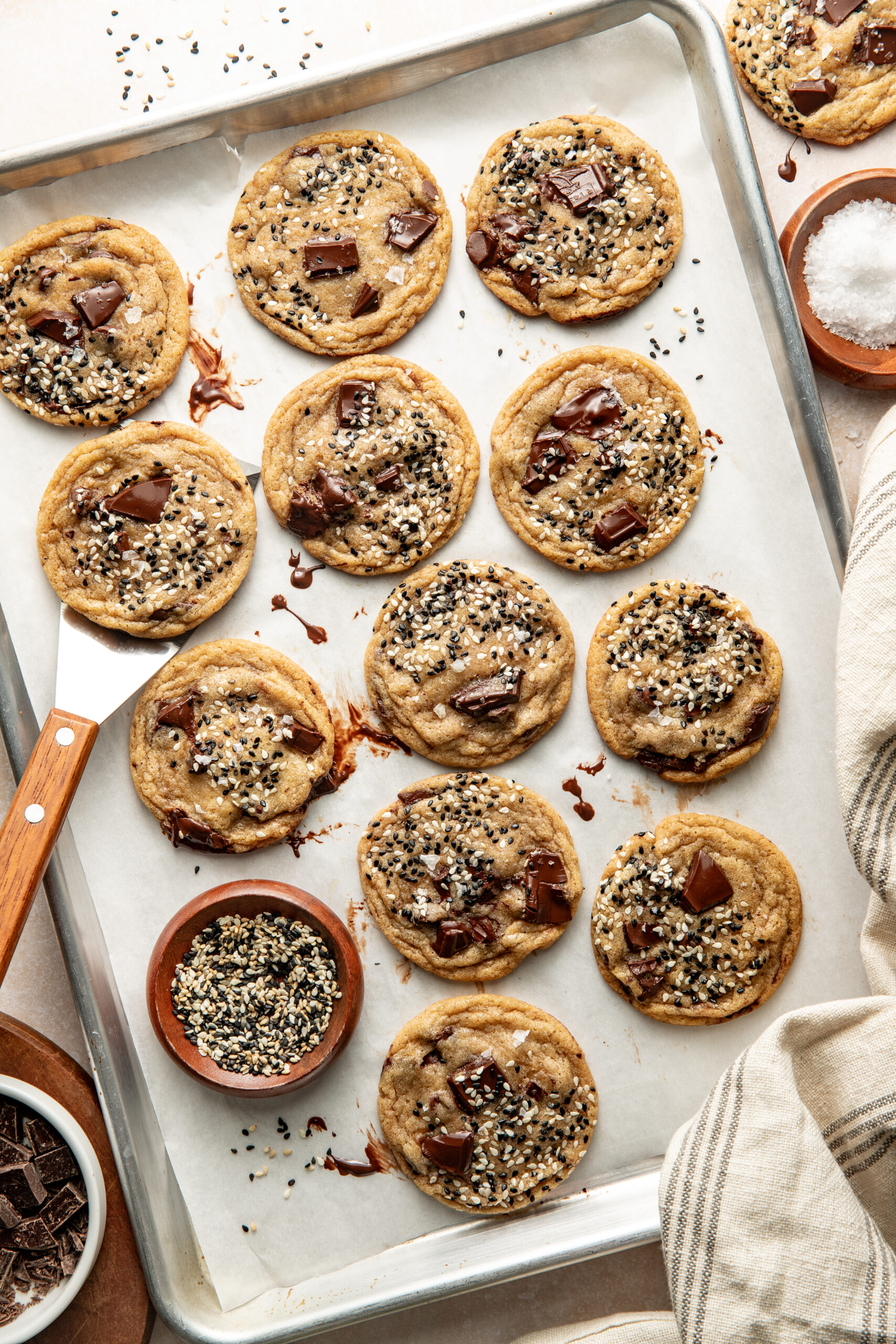 chocolate chip miso cookies on a baking sheet