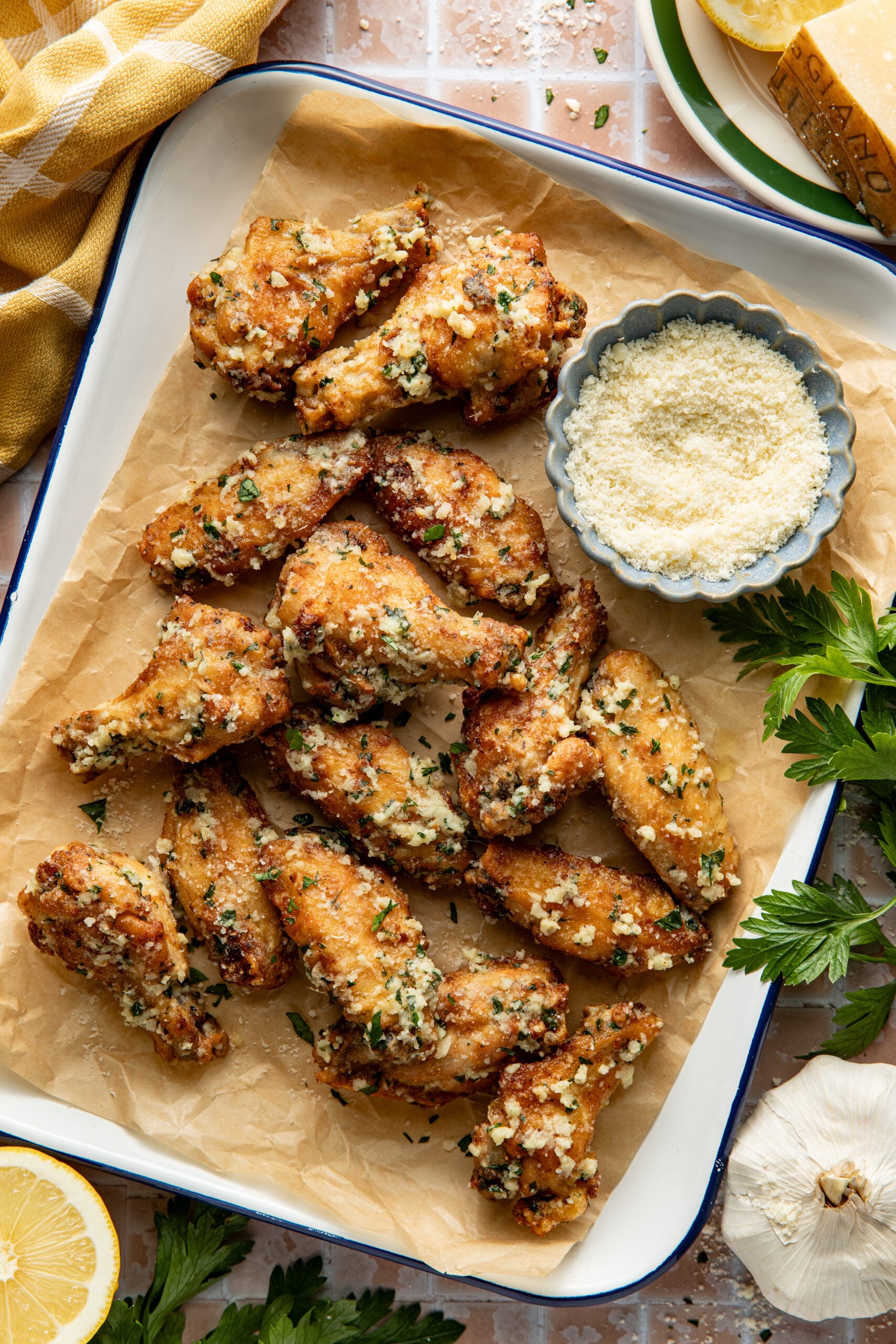 garlic parmesan wings on a tray