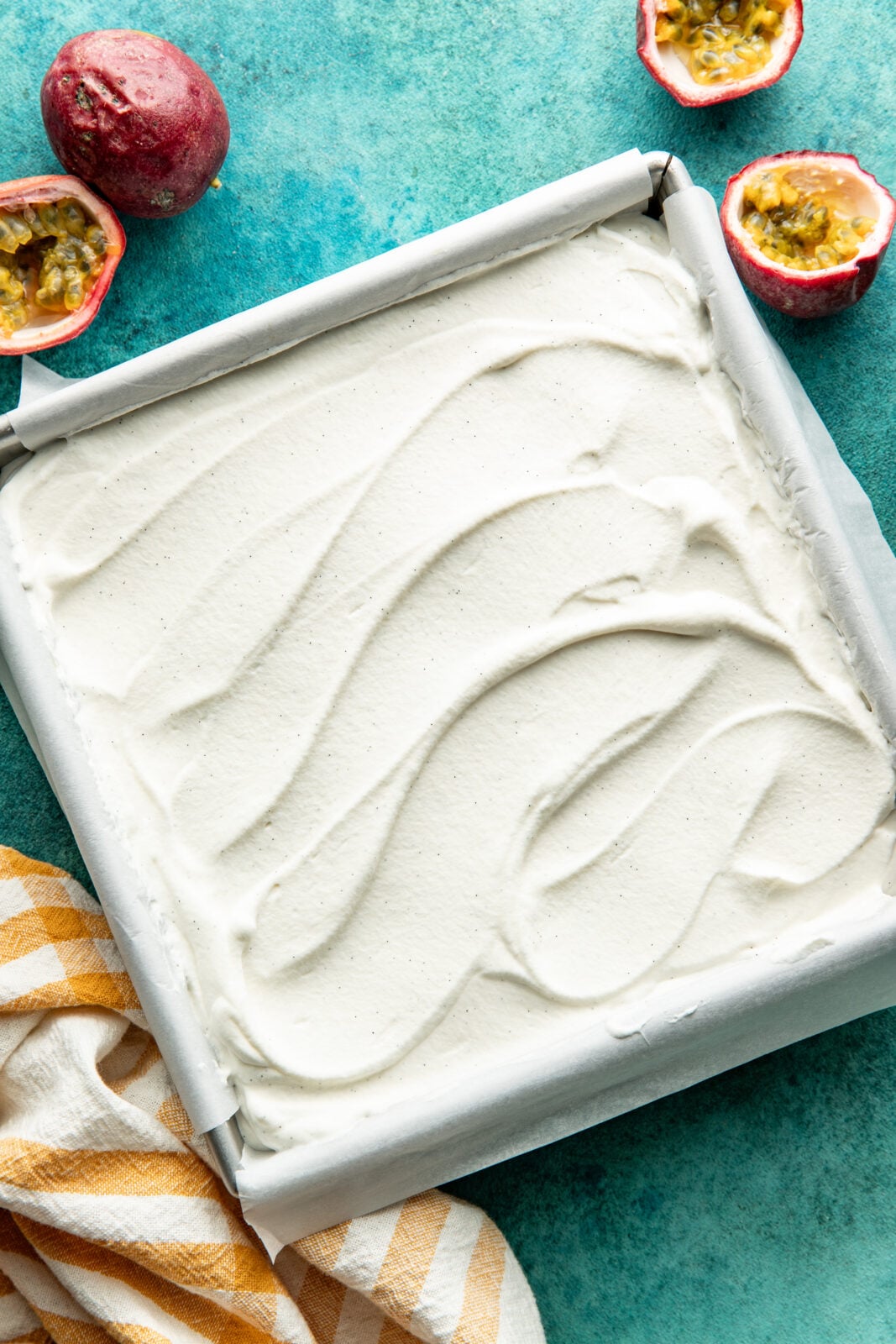 Whipped cream added to Passion fruit bars